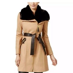 Via Spiga Tan Wool Brown Faux Fur & Leather Coat